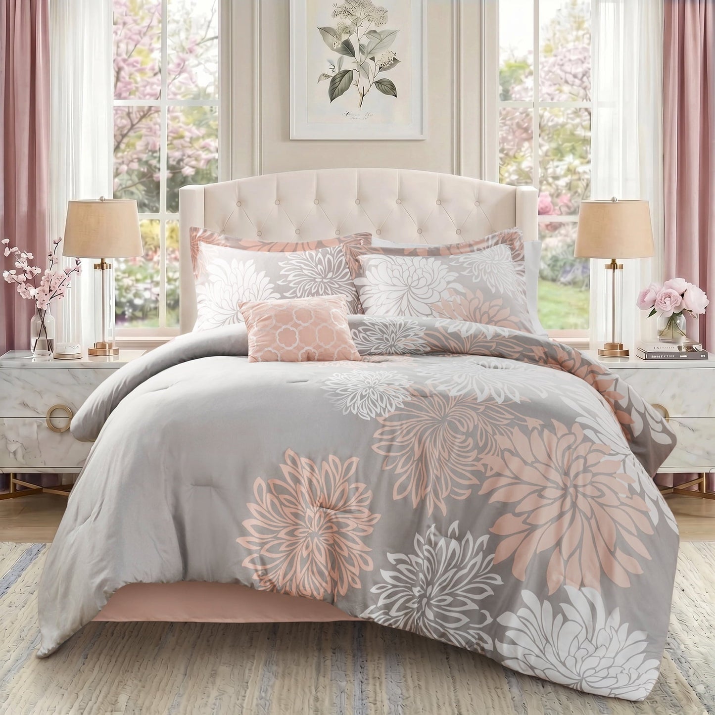 All-Season King Size Comforter Set, 5-Piece Floral Bedding Set for All Season, Blush Comforter Set King with Bed Skirt - Cloud-Like Soft Lightweight Bed Comforter - Default Title