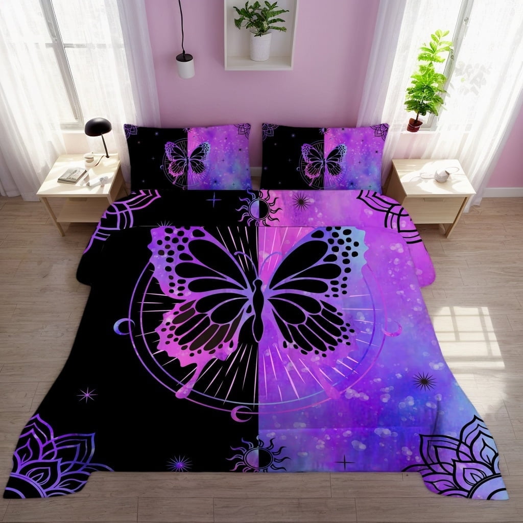 Fluffy Down Alternative Butterfly Comforter Set Full Size for Girls Kids Teens Black Blue Purple Tie Dye Bedding Set 3 Pieces - Luxurious Quilted Duvet Cover Set - Default Title