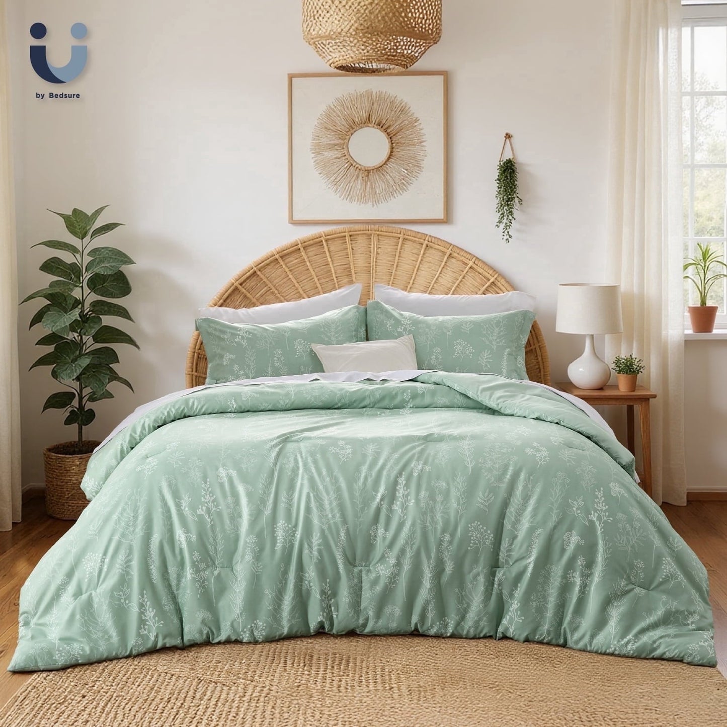 Luxurious Quilted 3 Pieces Sage Green Floral Comforter Sets, 1 Botanical Flowers Reversible Comforter and 2 Pillow Shams, Queen Size Be... - Hypoallergenic Ultra-Fluffy Quilt for Winter - Default Title