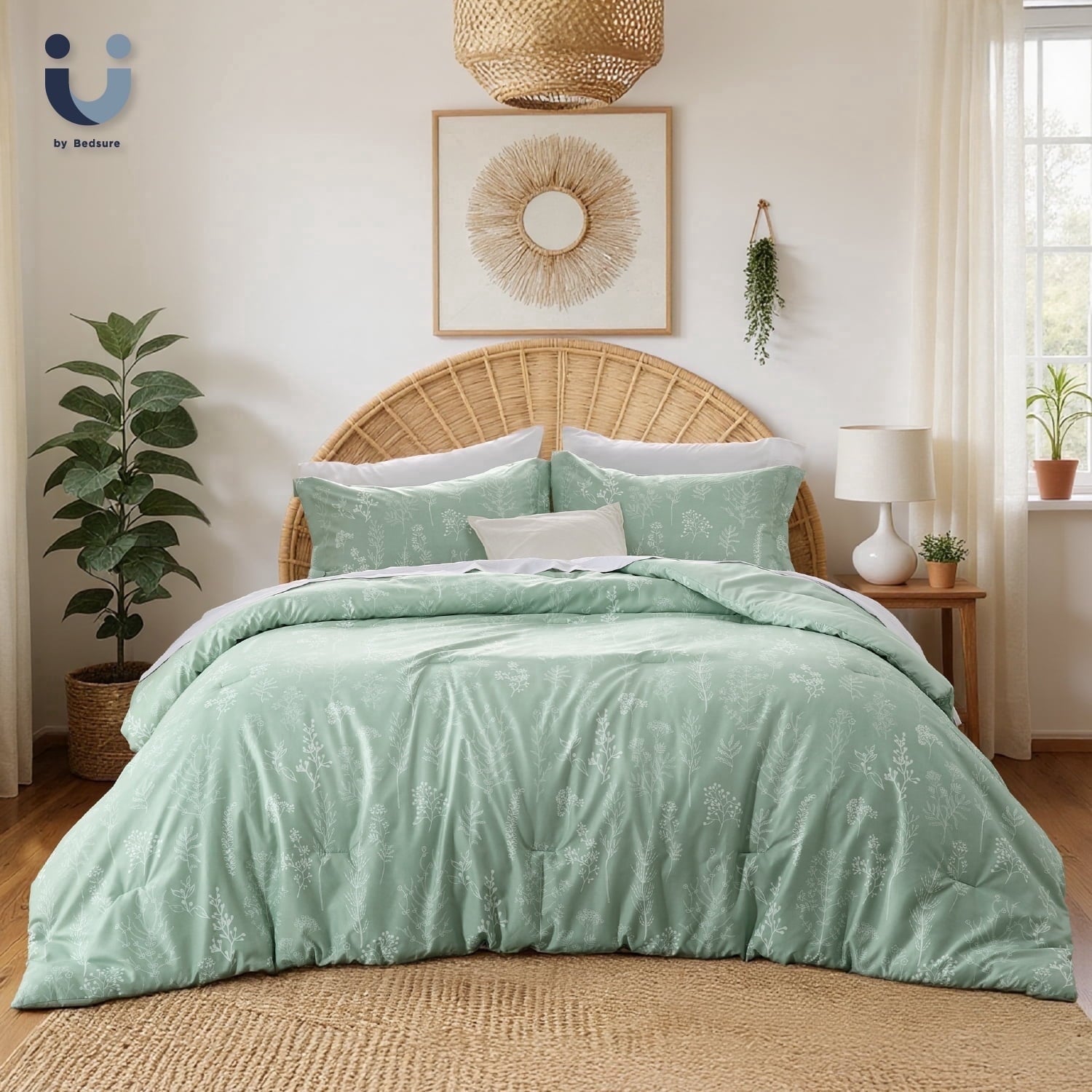 Luxurious Quilted 3 Pieces Sage Green Floral Comforter Sets, 1 Botanical Flowers Reversible Comforter and 2 Pillow Shams, Queen Size Be... - Hypoallergenic Ultra-Fluffy Quilt for Winter - Default Title