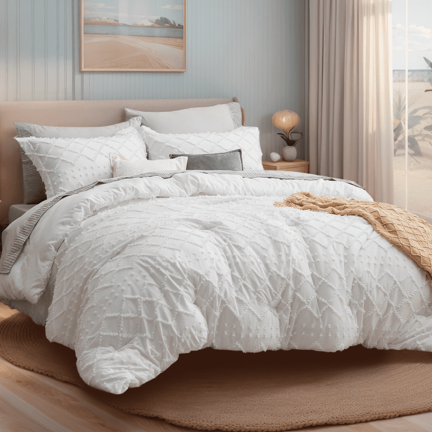 Luxurious Quilted Queen Comforter Set, Boho Tufted Shabby Chic Bedding Comforter Set, 3 Pieces Farmhouse Bed Set for All Seasons, White... - Cloud-Like Soft Lightweight Bed Comforter - Default Title