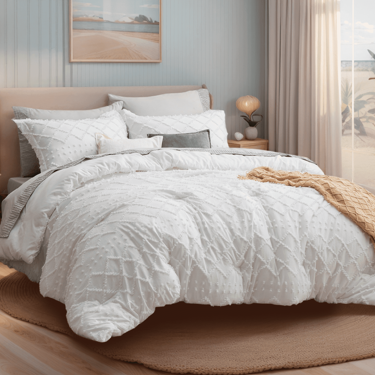 Luxurious Quilted Queen Comforter Set, Boho Tufted Shabby Chic Bedding Comforter Set, 3 Pieces Farmhouse Bed Set for All Seasons, White... - Cloud-Like Soft Lightweight Bed Comforter - Default Title