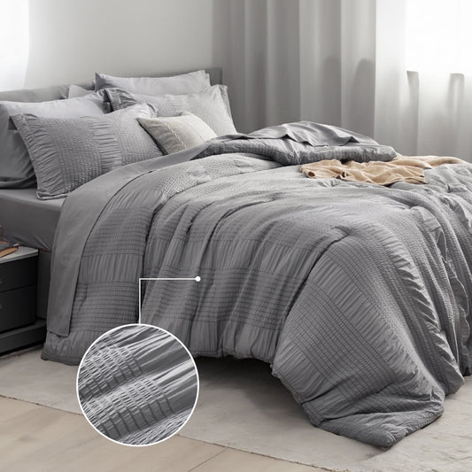 Heavyweight Warmth Twin Comforter Sets 5 Pieces Stripes Seersucker Bedding Set, Bed in a Bag with Soft Comforter & Sheets, Pillowcase & ... - All-Season Down Alternative Comforter Insert - Default Title