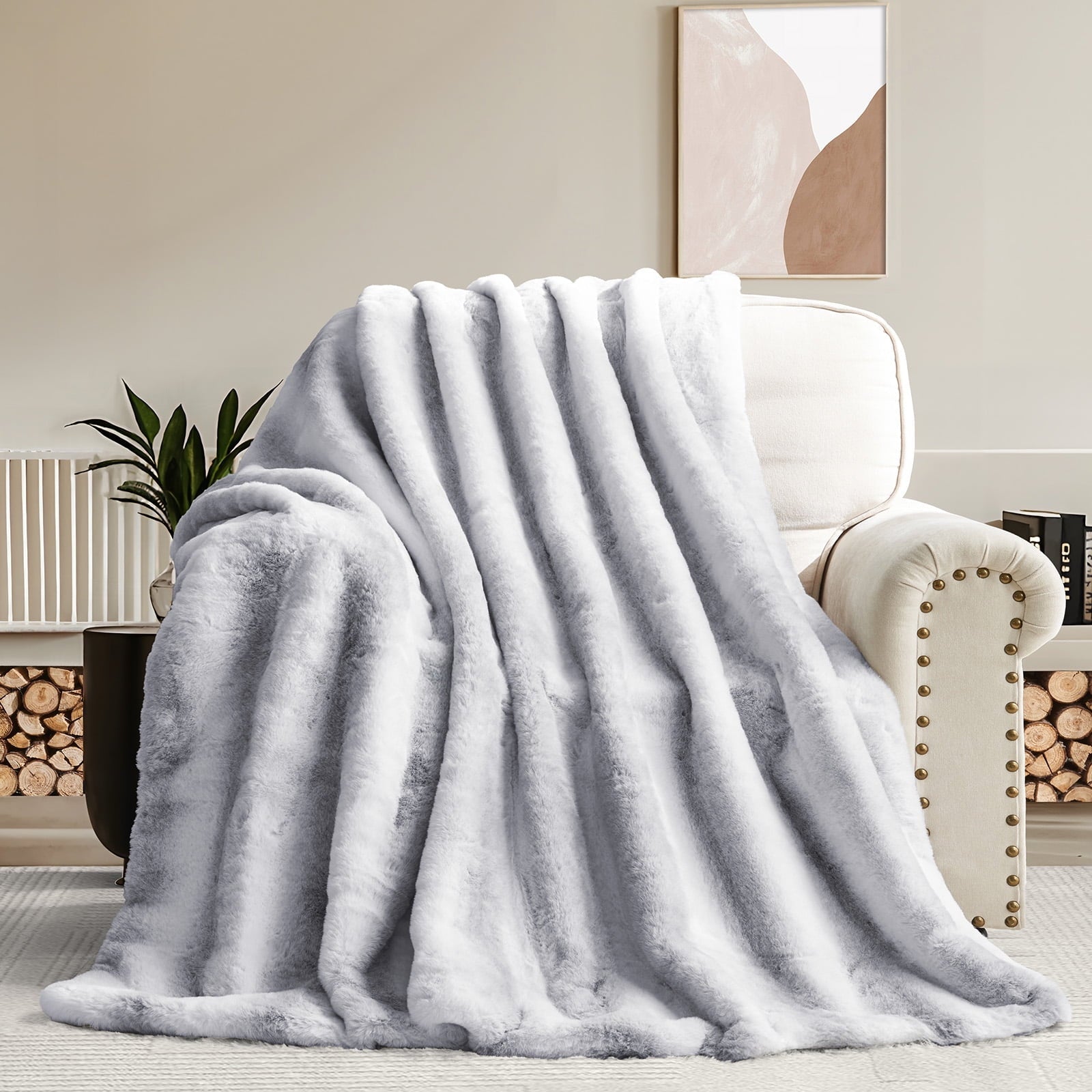 Decorative Knitted Luxury Faux Fur Throw Blanket for Bed Super Thick Warm Fuzzy Blankets for Bedroom Living Room, 60" x 80", White - Luxury Knitted Decorative Throw Blanket with Fringes - Default Title