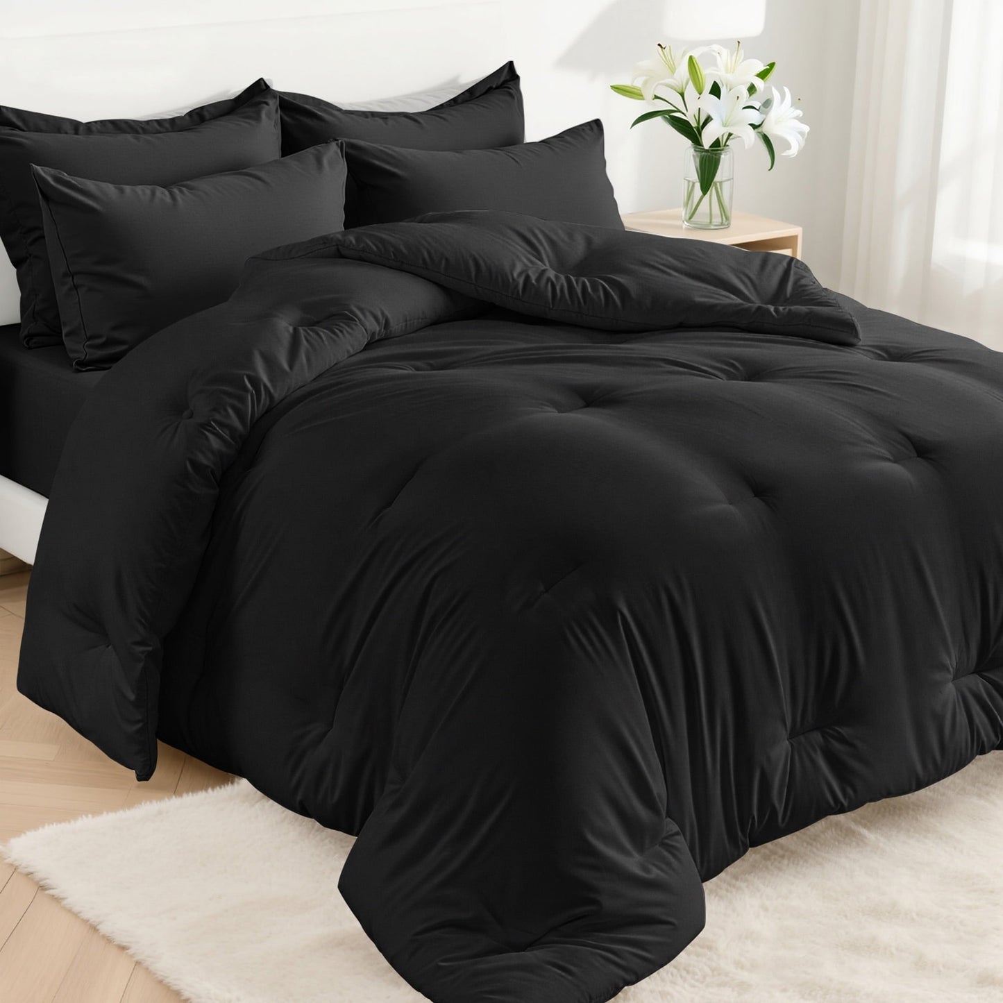 Hypoallergenic Cloud 5-Piece Bed in Bag - Twin Size Comforter Sets, Pillowcases & Sheet Collection for Cozy Bedding Sets Black - All-Season Down Alternative Comforter Insert - Default Title