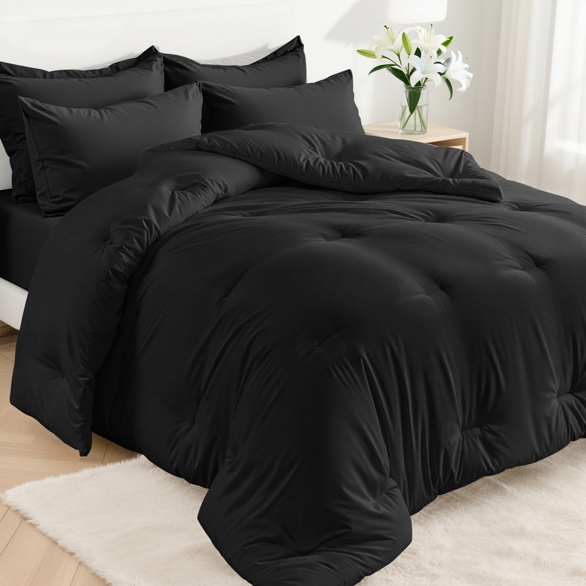 Hypoallergenic Cloud 5-Piece Bed in Bag - Twin Size Comforter Sets, Pillowcases & Sheet Collection for Cozy Bedding Sets Black - All-Season Down Alternative Comforter Insert - Default Title