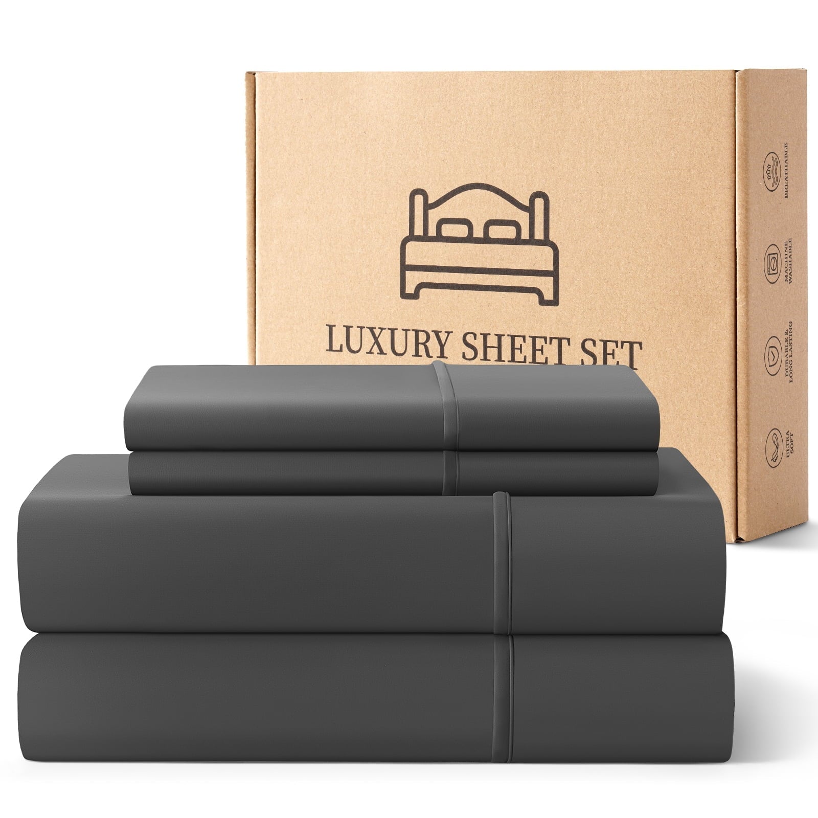 Ultra-Soft Sheets,Soft Hotel Luxury Polyester Washed Cotton,4 Piece Sheets Set,with 14" Deep Pocket,Dark Gray - Cooling Hotel Quality Bedding Sheets and Pillowcases - Default Title