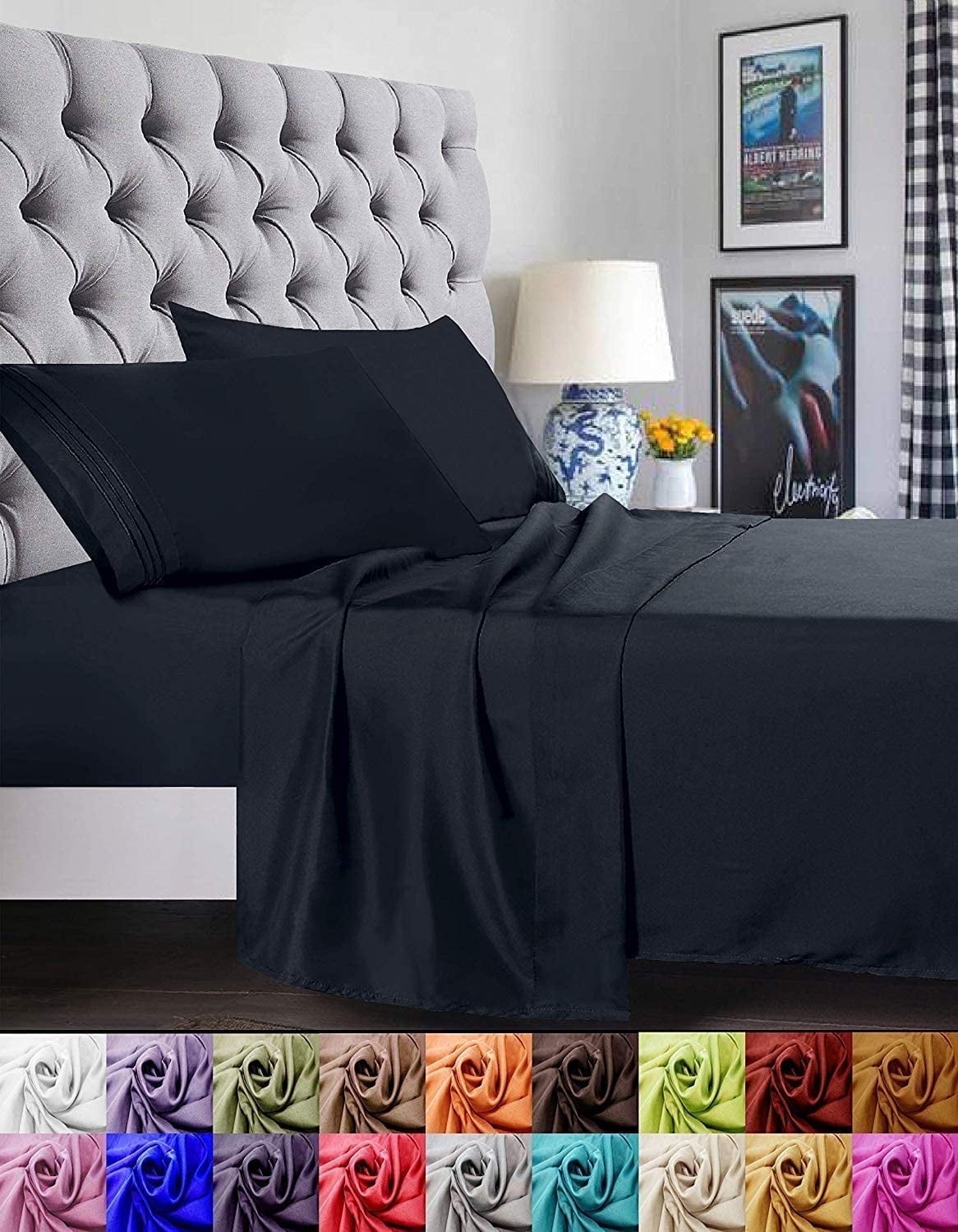 Premium Egyptian Cotton 1800 Series Microfiber Bed Sheets 6-Piece Set, Deep Pocket, Queen Black - Breathable Egyptian Cotton Flat & Fitted Sheets - Default Title