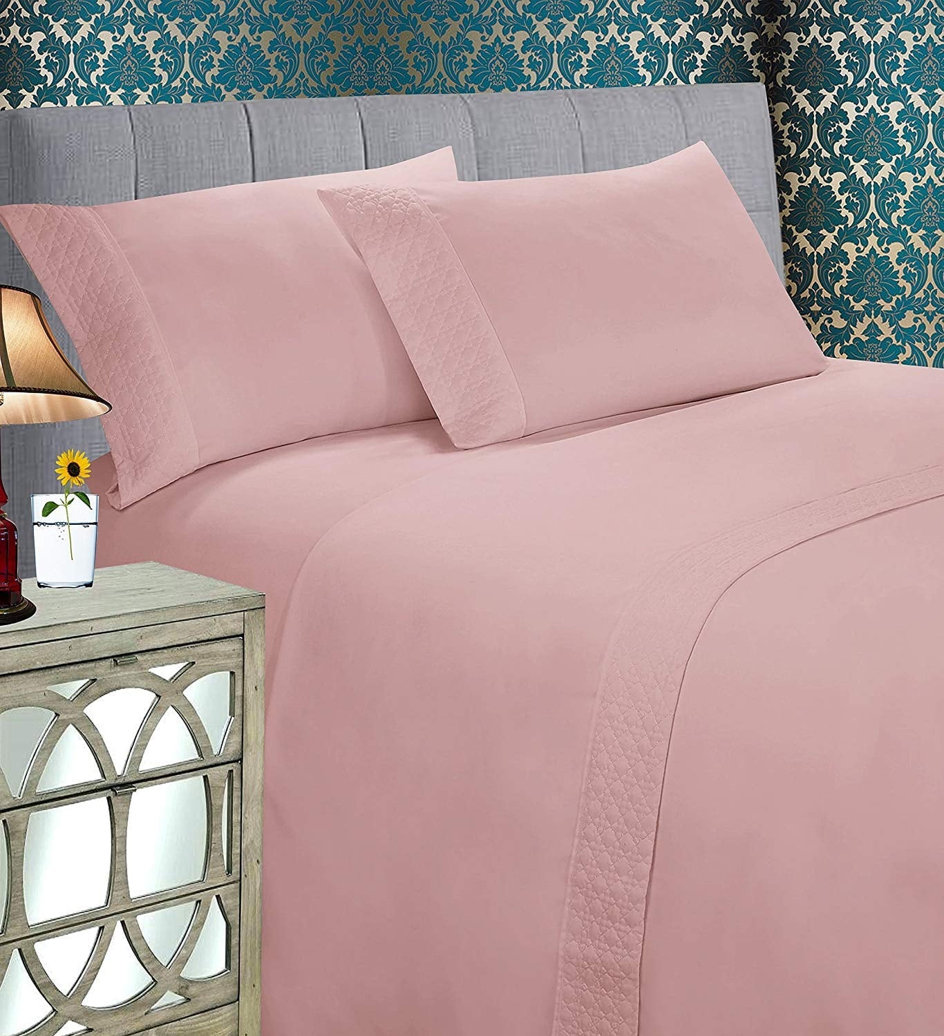 Cooling Sateen 4 Pieces Bed Sheet Set With Flat Fitted and 2 Pillowcases King-Dusty Rose - Premium Ultra-Soft Pillowcase Pair for Sleeping - Default Title