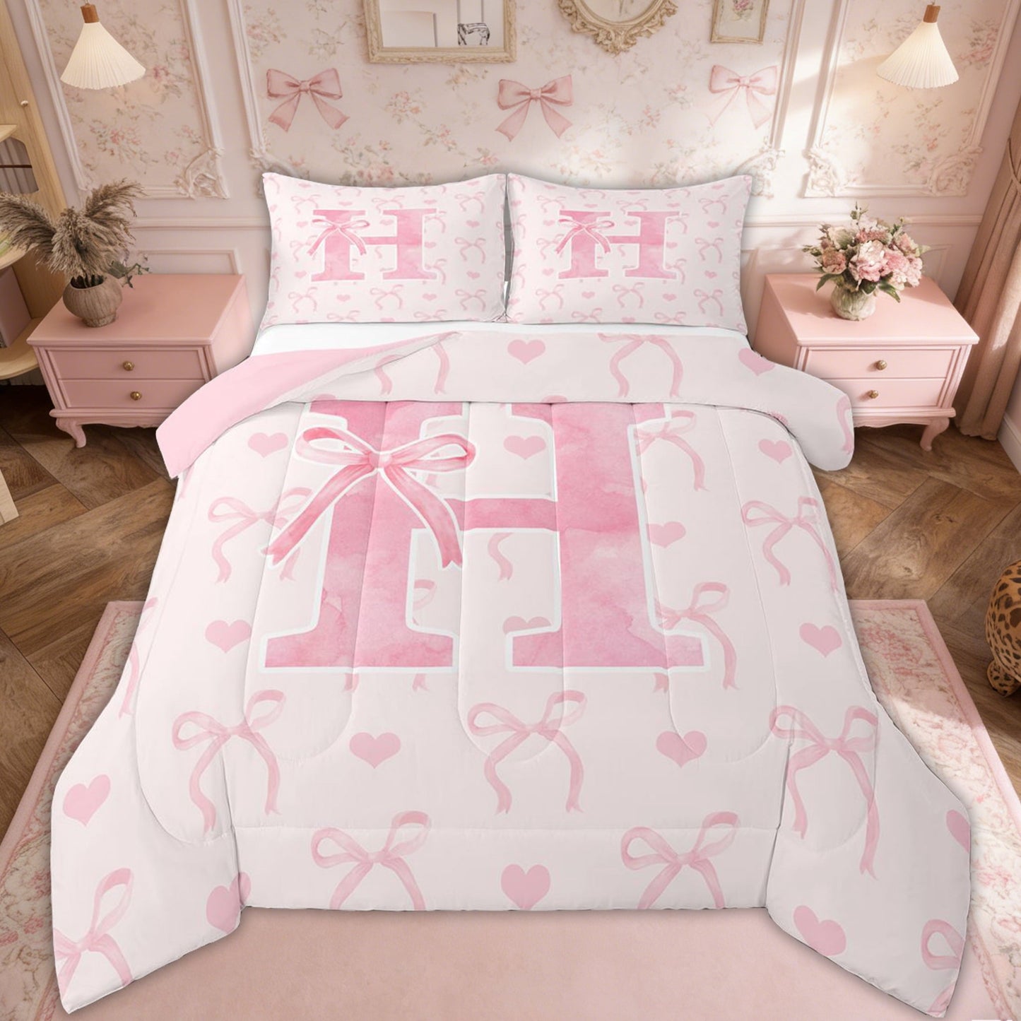 Hypoallergenic Cloud Kawaii Bowknot Bedding Sets Full with Comforter, Initial H Duvet Insert, Romantic Initial A-Z Decor, Reversible - All-Season Down Alternative Comforter Insert - Default Title
