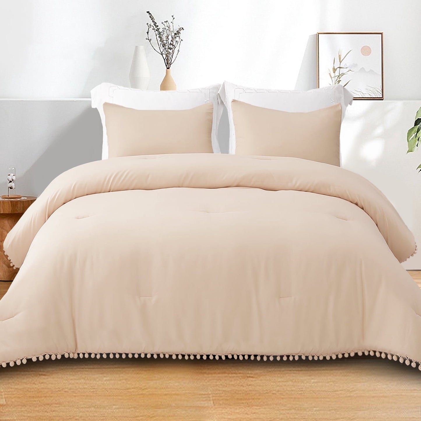 Luxurious Quilted Boho Pom Pom Ball Fringe King Size Comforter Set, 3 Pieces Beige Lightweight Down Alternative Bedding Comforter Sets ... - Cloud-Like Soft Lightweight Bed Comforter - Default Title