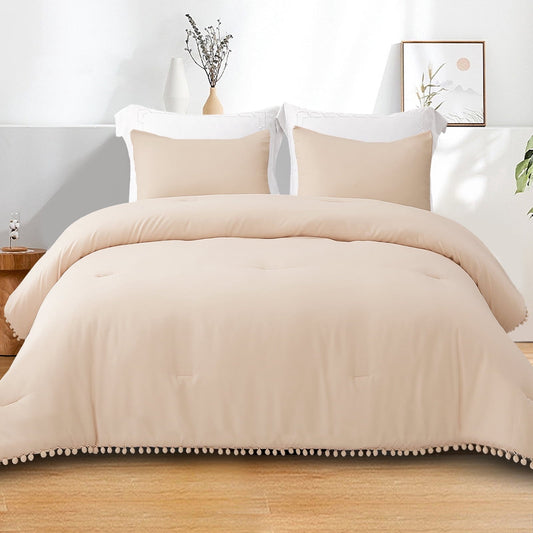 Luxurious Quilted Boho Pom Pom Ball Fringe King Size Comforter Set, 3 Pieces Beige Lightweight Down Alternative Bedding Comforter Sets ... - Cloud-Like Soft Lightweight Bed Comforter - Default Title