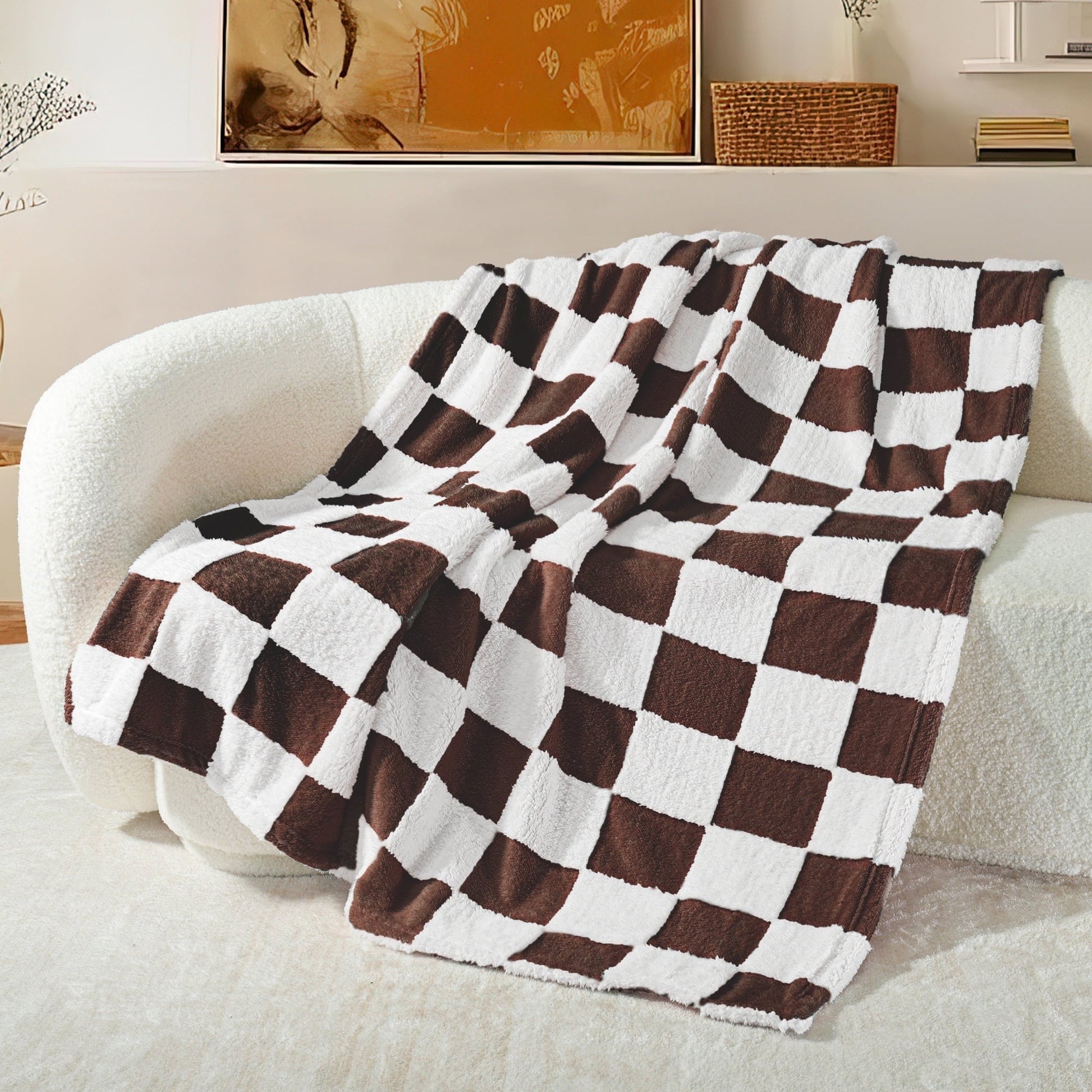 Reversible Sherpa Checkered Throw Blanket, Super Soft and Warm Fluffy Fleece Blanket for Couch, Sofa, Bed, Cute Plaid Pattern, Coffee, ... - Cozy Fleece Throw Blanket for Couch & Bed - Default Title
