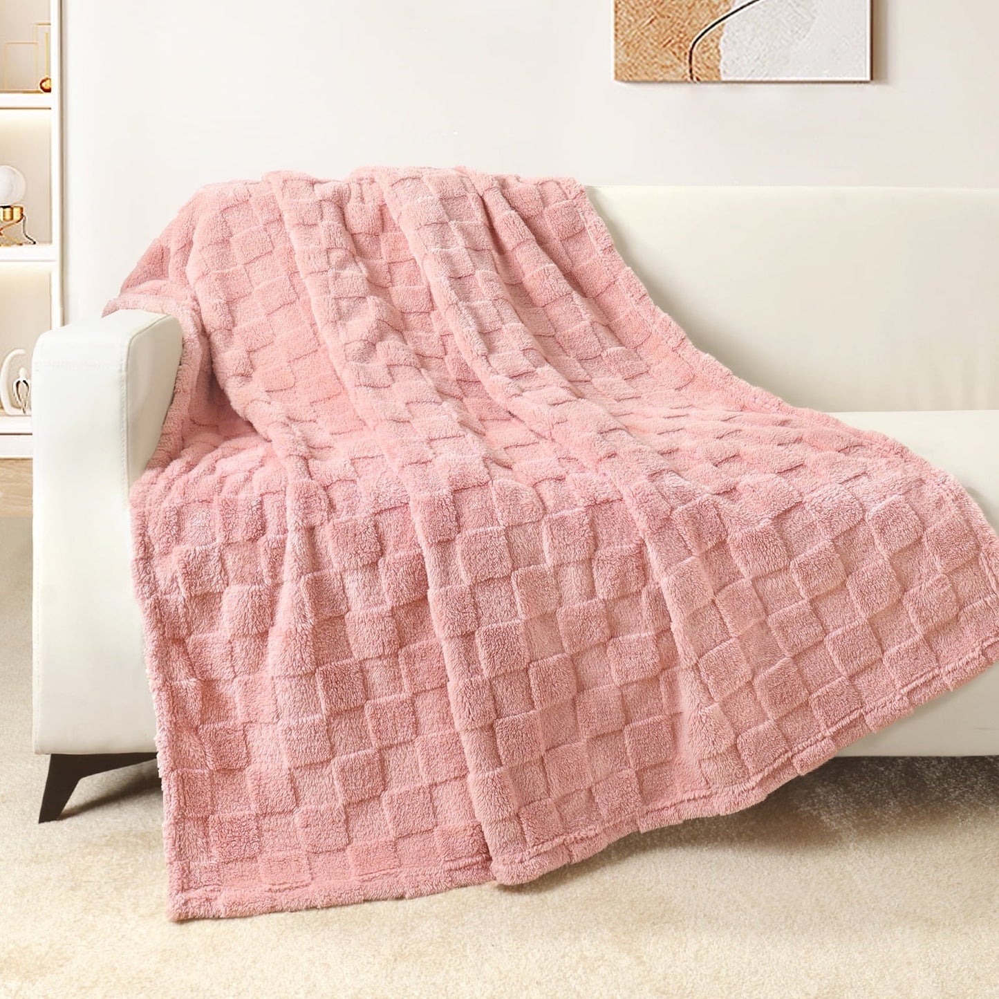 Reversible Sherpa Fleece Throw Blanket for Couch, Super Soft Warm Lightweight Checkered Pattern Blanket for All Seasons, Pink, 50"x60" - Luxury Knitted Decorative Throw Blanket with Fringes - Default Title