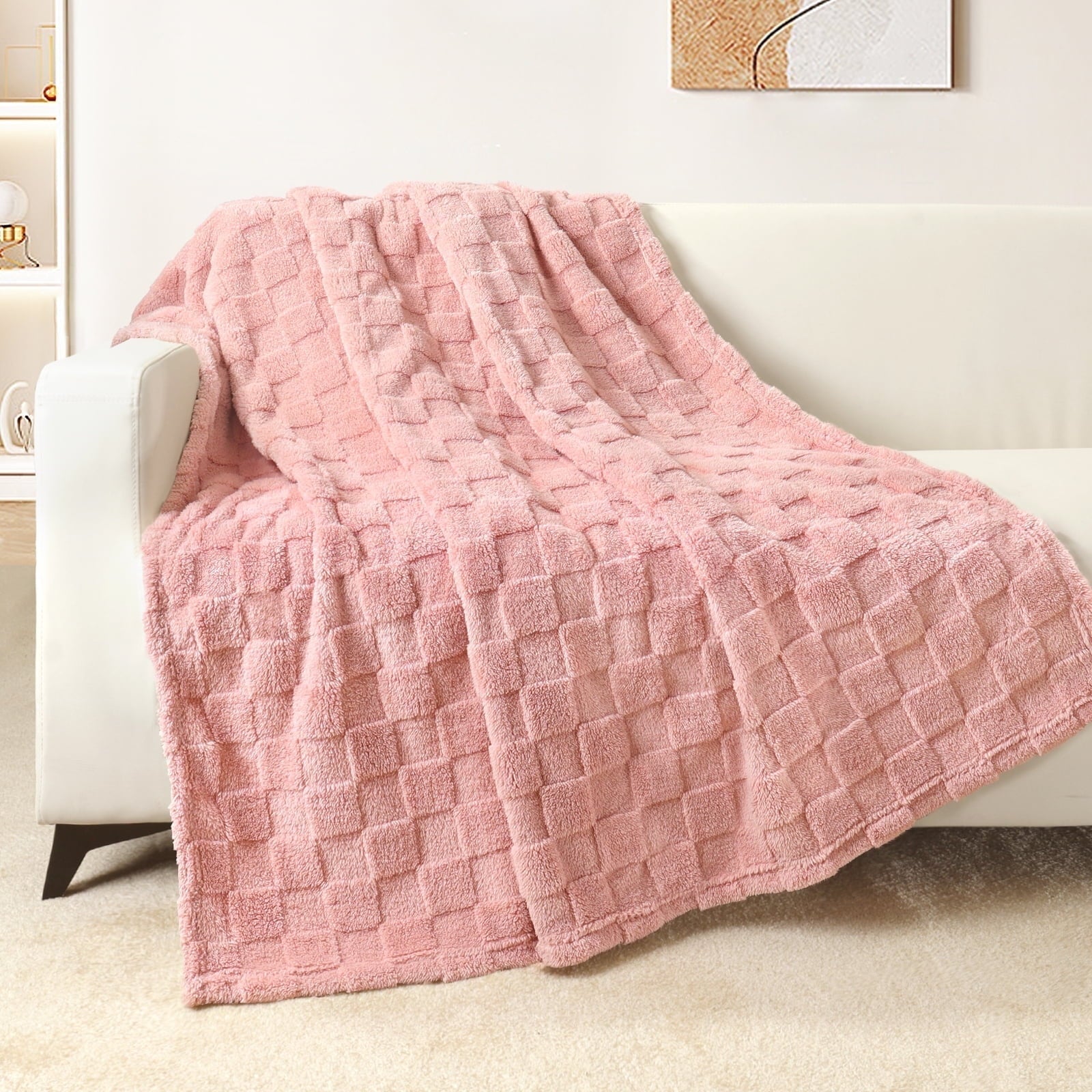 Reversible Sherpa Fleece Throw Blanket for Couch, Super Soft Warm Lightweight Checkered Pattern Blanket for All Seasons, Pink, 50"x60" - Luxury Knitted Decorative Throw Blanket with Fringes - Default Title