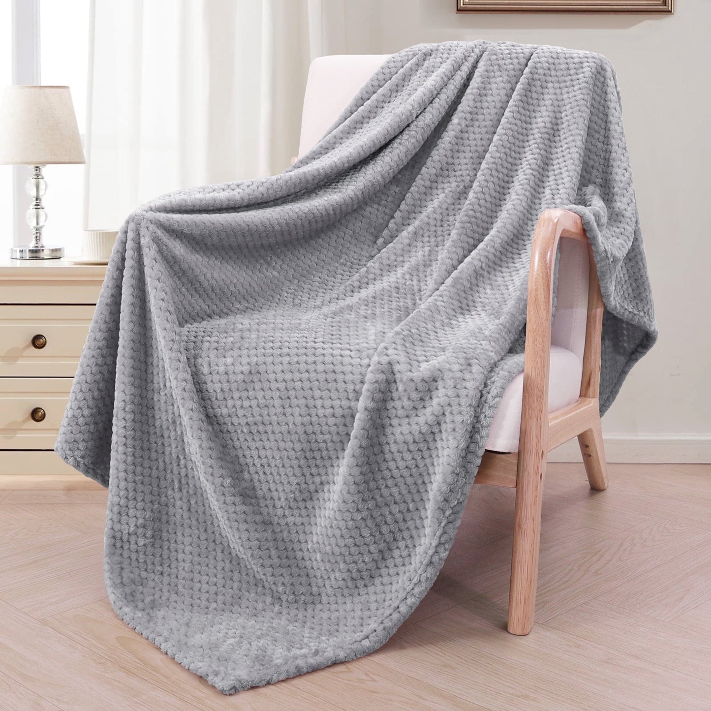 Reversible Sherpa Waffle Textured Extra Large Fleece Blanket, Super Soft and Warm Throw Blanket for Couch, Sofa and Bed (Light Grey, 50... - Luxury Knitted Decorative Throw Blanket with Fringes - Default Title