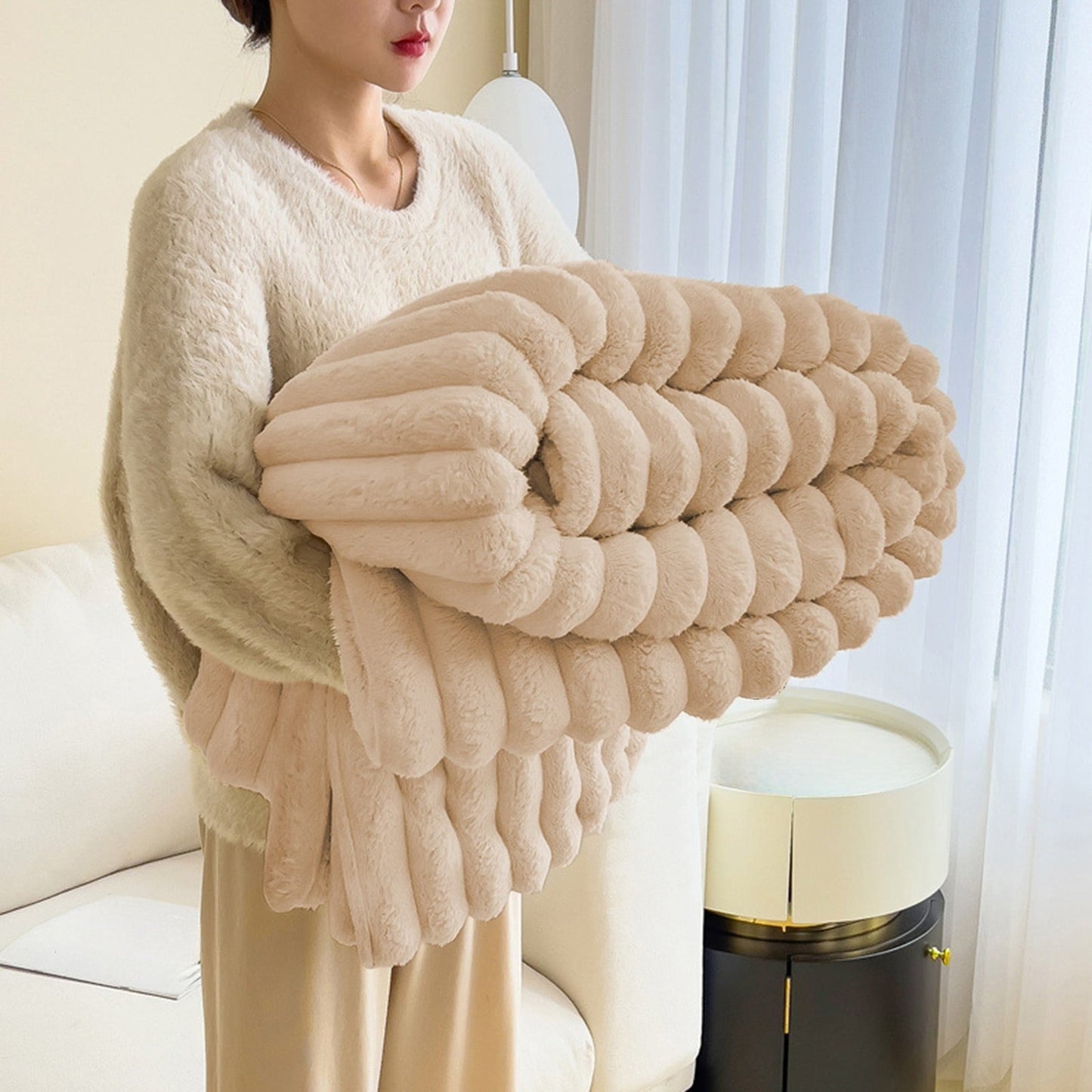Lightweight Warm Extra Large Throw Blanket for Couch Home Office Hotel 100% Cotton Super Soft Blanket for Adult 47"x70" Khaki - Cozy Fleece Throw Blanket for Couch & Bed - Default Title