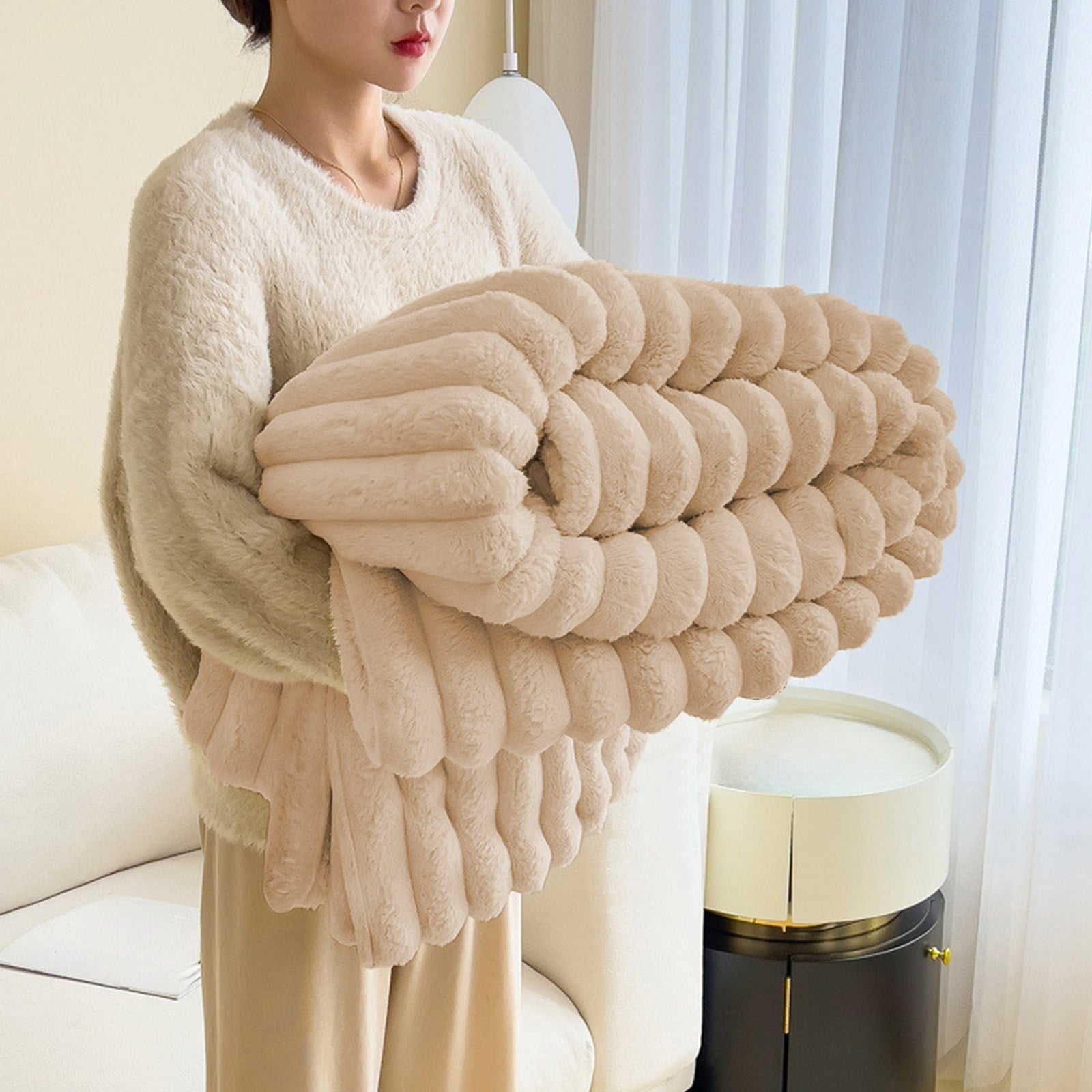 Lightweight Warm Extra Large Throw Blanket for Couch Home Office Hotel 100% Cotton Super Soft Blanket for Adult 47"x70" Khaki - Cozy Fleece Throw Blanket for Couch & Bed - Default Title
