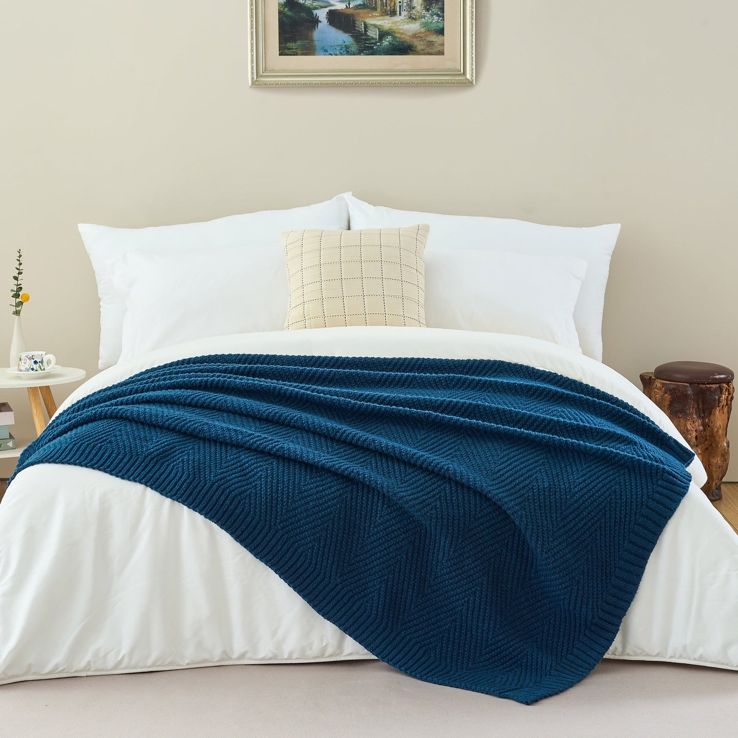 Cozy Fleece Soft Knitted Throw Blanket 50" x 60" Navy Blue, Boho Chevron Farmhouse Throw for Bed Couch - Lightweight Plush Warm Blanket for All Seasons - Default Title