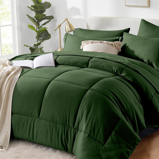 Fluffy Down Alternative Queen Comforter Set Forest Green Bed in a Bag Queen Size 7 Pieces Soft Bed Set Lightweight Microfiber Green Bedding C... - Hypoallergenic Ultra-Fluffy Quilt for Winter - Default Title