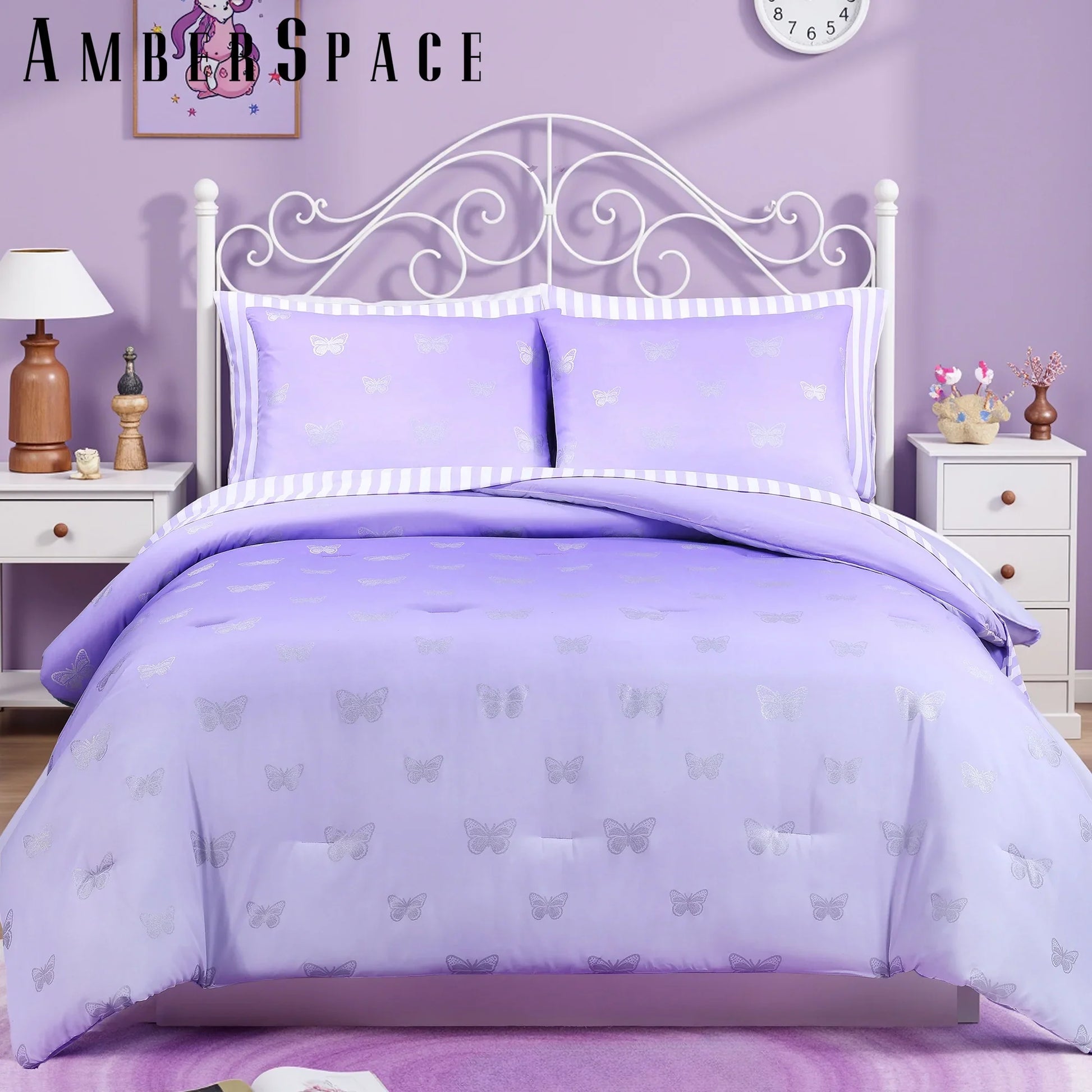 Fluffy Down Alternative gold foil Design 7-piece Bed in a Bag Comforter Set with Sheets,Purple/Silver Butterflies,Full - Hypoallergenic Ultra-Fluffy Quilt for Winter - Default Title