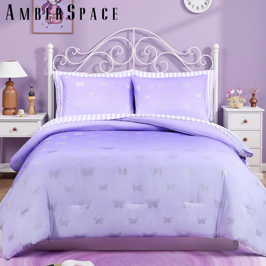 Fluffy Down Alternative gold foil Design 7-piece Bed in a Bag Comforter Set with Sheets,Purple/Silver Butterflies,Full - Hypoallergenic Ultra-Fluffy Quilt for Winter - Default Title