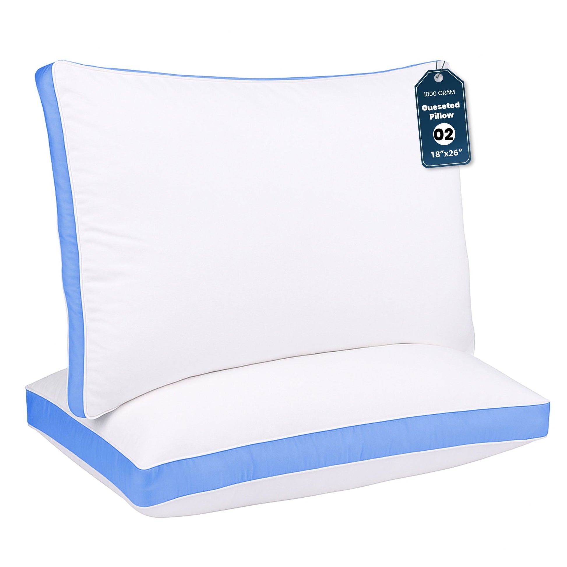 Ergonomic Memory Foam Gusseted Queen 18x26 Bed Pillows for Sleeping Set of 2 Polycotton White Blue Stripe Comfortable - Hotel Quality Plush Sleeping Pillows - Default Title