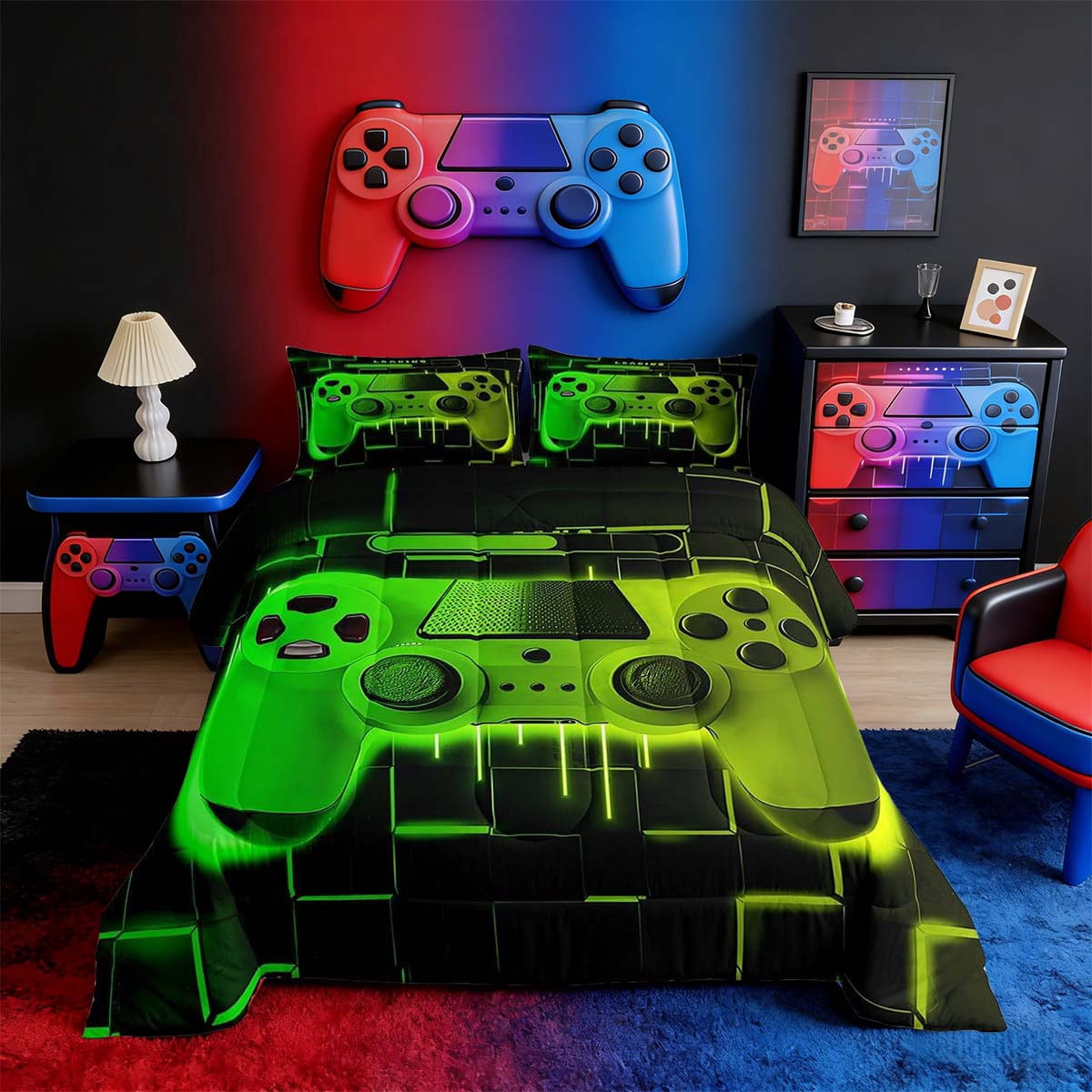 All-Season Green Yellow Gaming Full Size Comforter Sets - Gamer Comforter Full Size Bedding Set, Neon Lights Abstract Geometry D... - All-Season Down Alternative Comforter Insert - Default Title