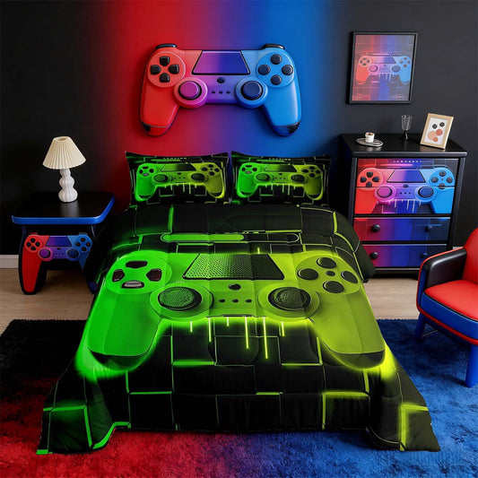 All-Season Green Yellow Gaming Full Size Comforter Sets - Gamer Comforter Full Size Bedding Set, Neon Lights Abstract Geometry D... - All-Season Down Alternative Comforter Insert - Default Title