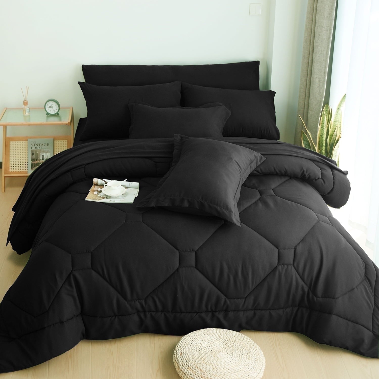 Hypoallergenic Cloud 8 PCS Modern Comforter Set with Sheets All Season Bed in a Bag, Black, Queen Size - Cloud-Like Soft Lightweight Bed Comforter - Default Title