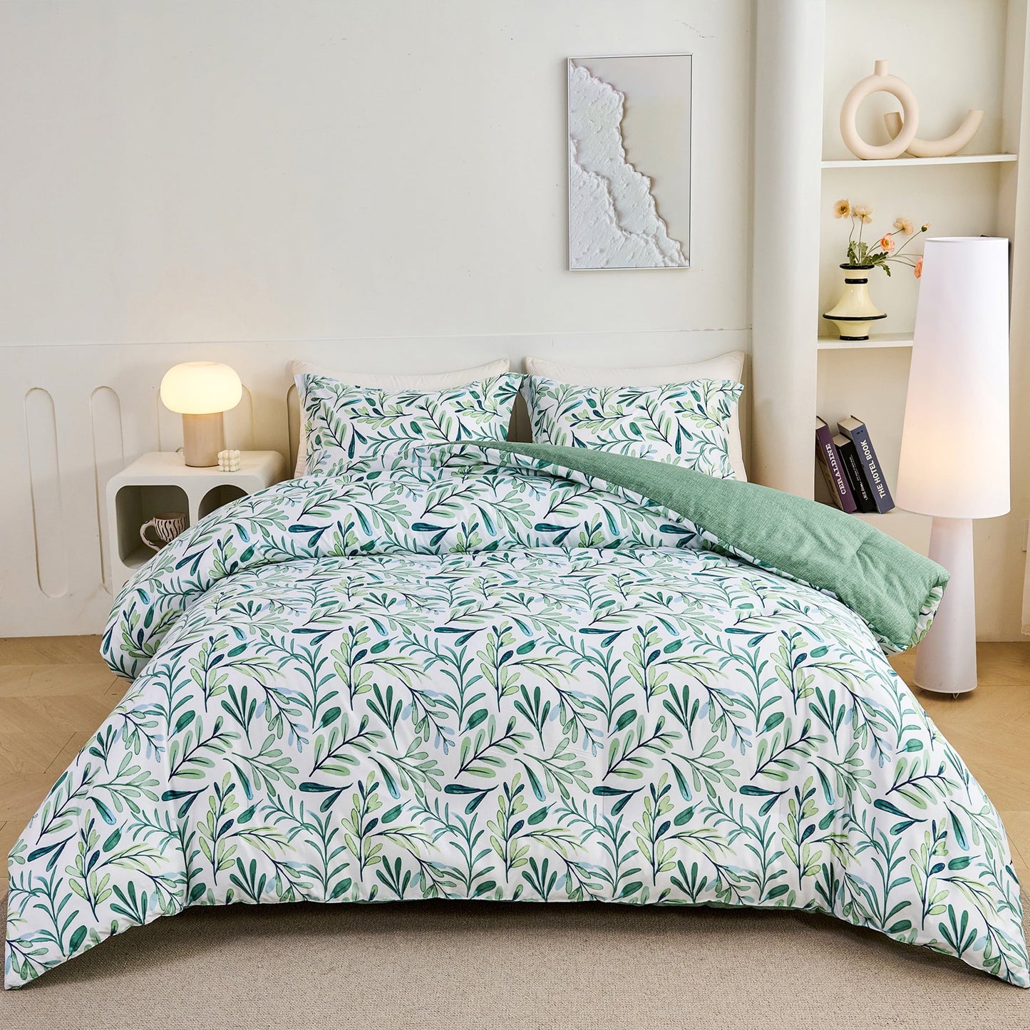 Luxurious Quilted 3-Piece Floral Comforter Set King Size, Green and White Botanical, Soft Microfiber All-Season Bedding for Adults & Teens - Cloud-Like Soft Lightweight Bed Comforter - Default Title