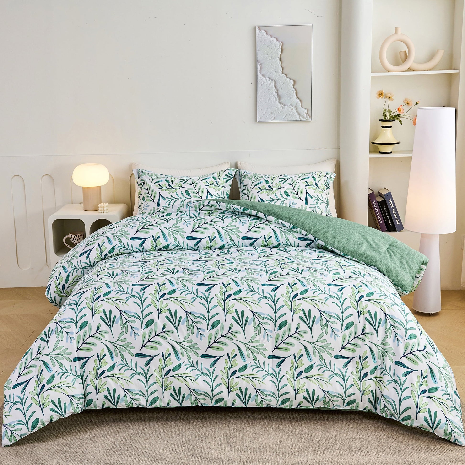 Luxurious Quilted 3-Piece Floral Comforter Set King Size, Green and White Botanical, Soft Microfiber All-Season Bedding for Adults & Teens - Cloud-Like Soft Lightweight Bed Comforter - Default Title