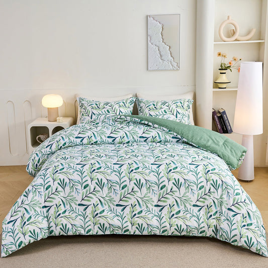 Luxurious Quilted 3-Piece Floral Comforter Set King Size, Green and White Botanical, Soft Microfiber All-Season Bedding for Adults & Teens - Cloud-Like Soft Lightweight Bed Comforter - Default Title