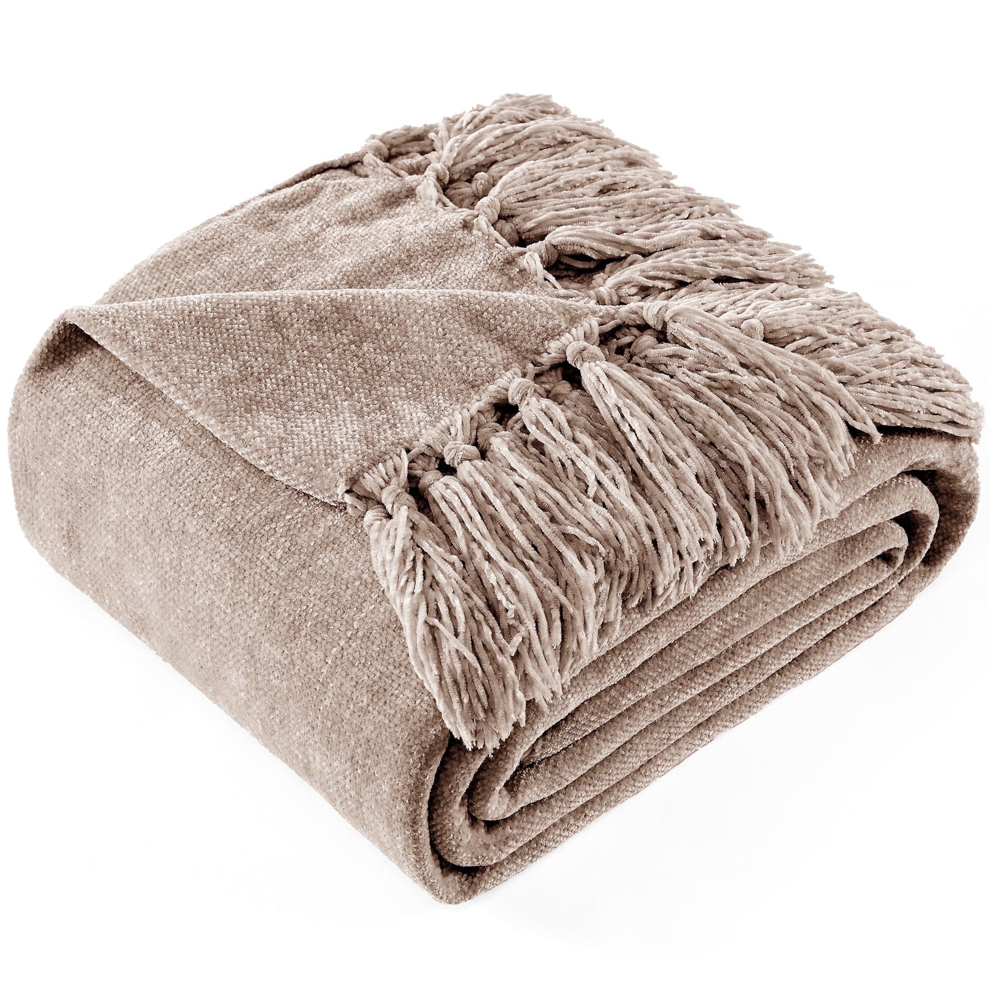 Lightweight Warm Chenille Throw Blanket with Fringe Tassel for Couch Sofa Chair Bed, Taupe 50" X 60" - Lightweight Plush Warm Blanket for All Seasons - Default Title