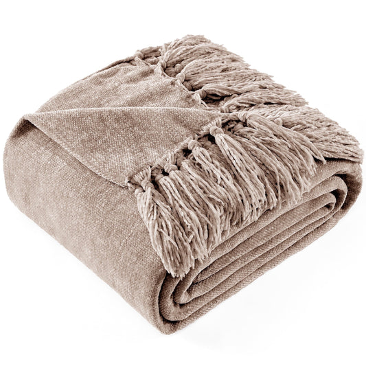 Lightweight Warm Chenille Throw Blanket with Fringe Tassel for Couch Sofa Chair Bed, Taupe 50" X 60" - Lightweight Plush Warm Blanket for All Seasons - Default Title