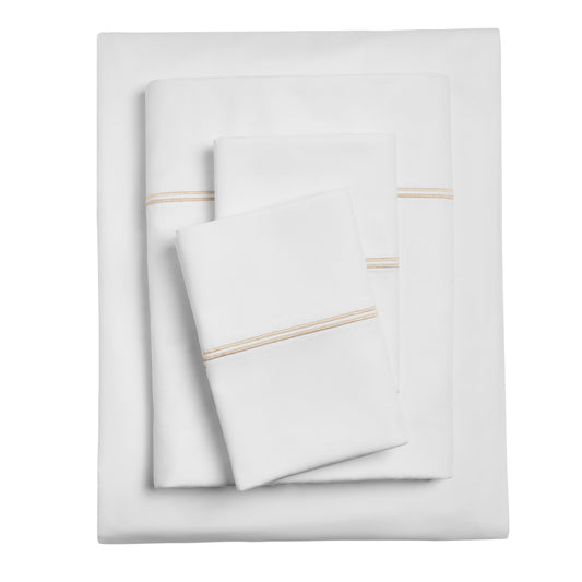 Wrinkle-Resistant 4-Piece 300 Thread Count White Pima Cotton Bed Sheet Set with Tan Hem, Full , Adult/Teen - Luxury Bed Sheet Set with Deep Pockets - Default Title