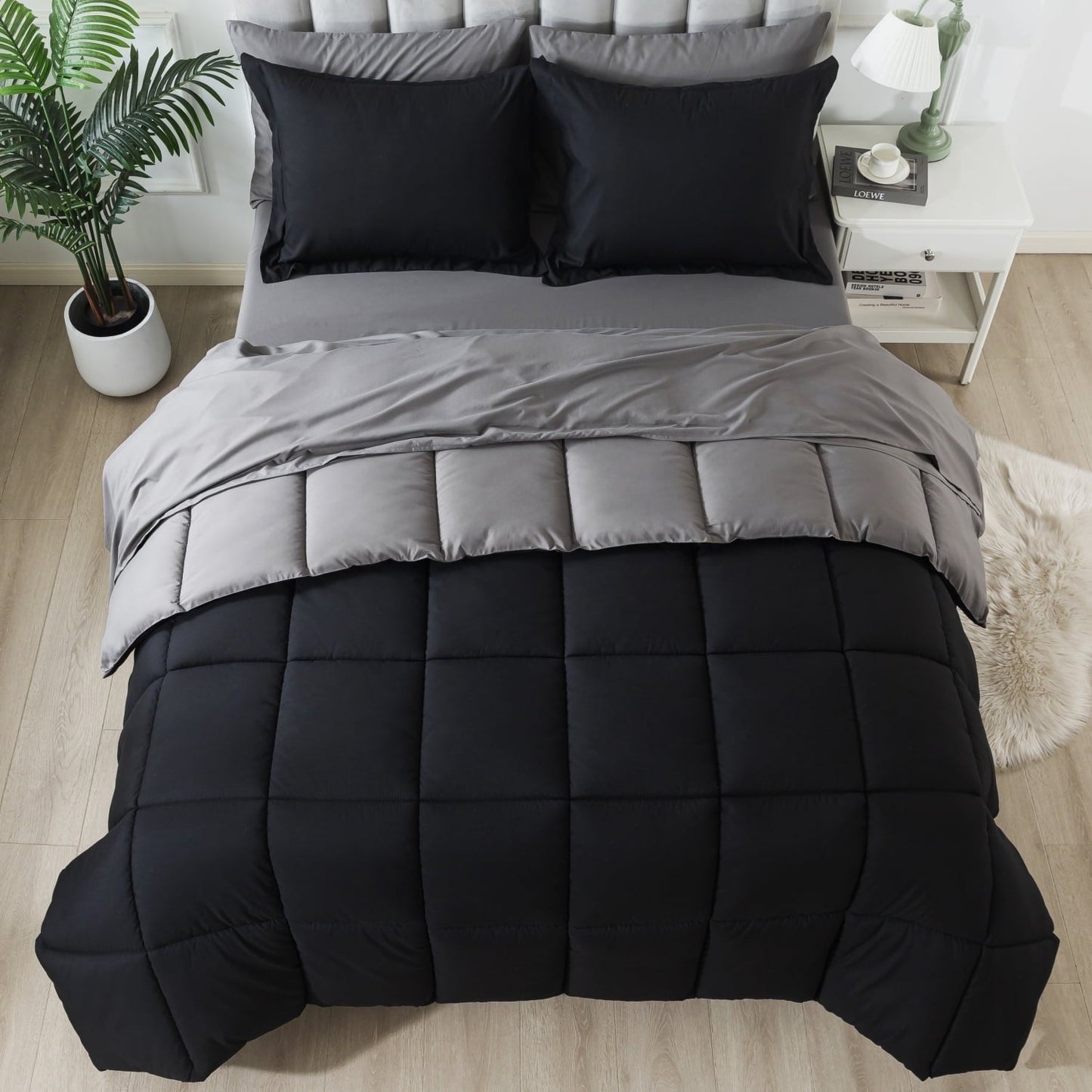 Heavyweight Warmth Queen Size 7 Piece Comforter Set | Bed in a Bag for Unisex Adult | Black/Gray - Cloud-Like Soft Lightweight Bed Comforter - Default Title