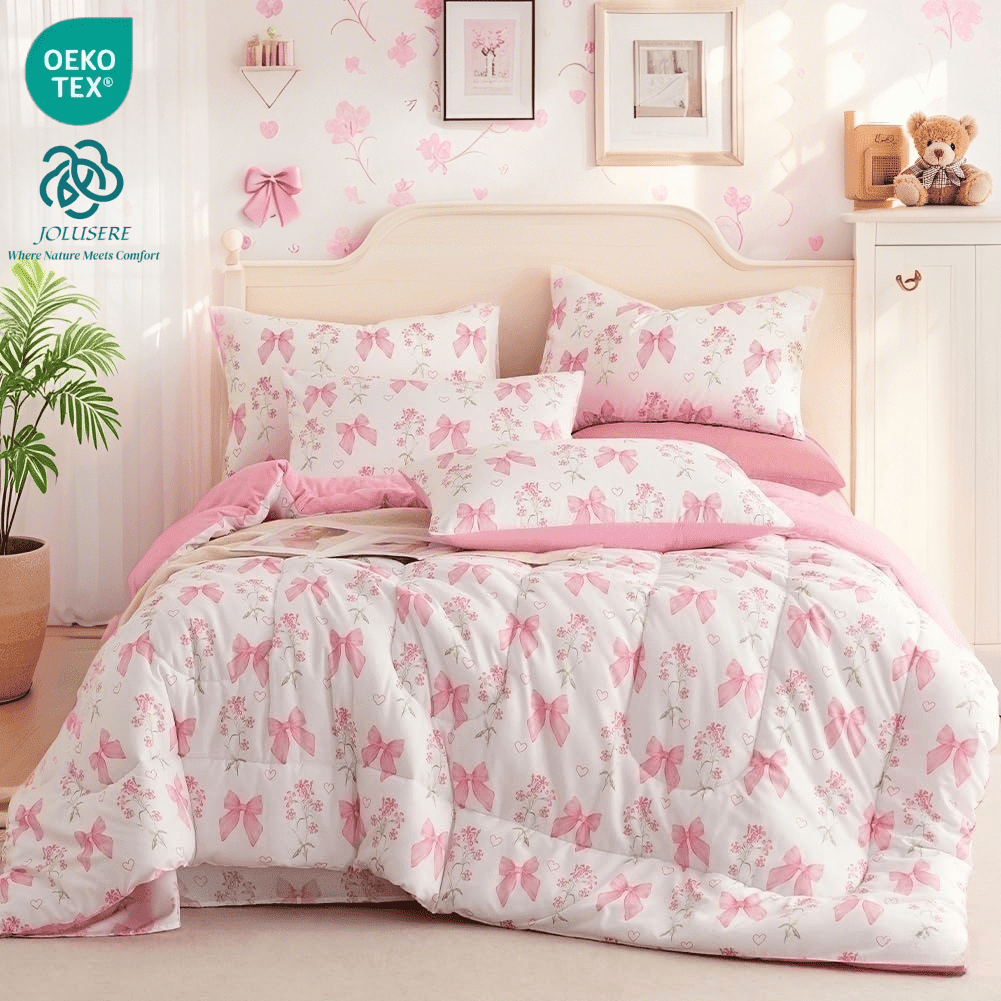 Hypoallergenic Cloud Pink Bowknot Girls Comforter Set Twin Size, 3 Pieces Bows Princess Style Bedding Set for Girls for All Season - Cloud-Like Soft Lightweight Bed Comforter - Default Title
