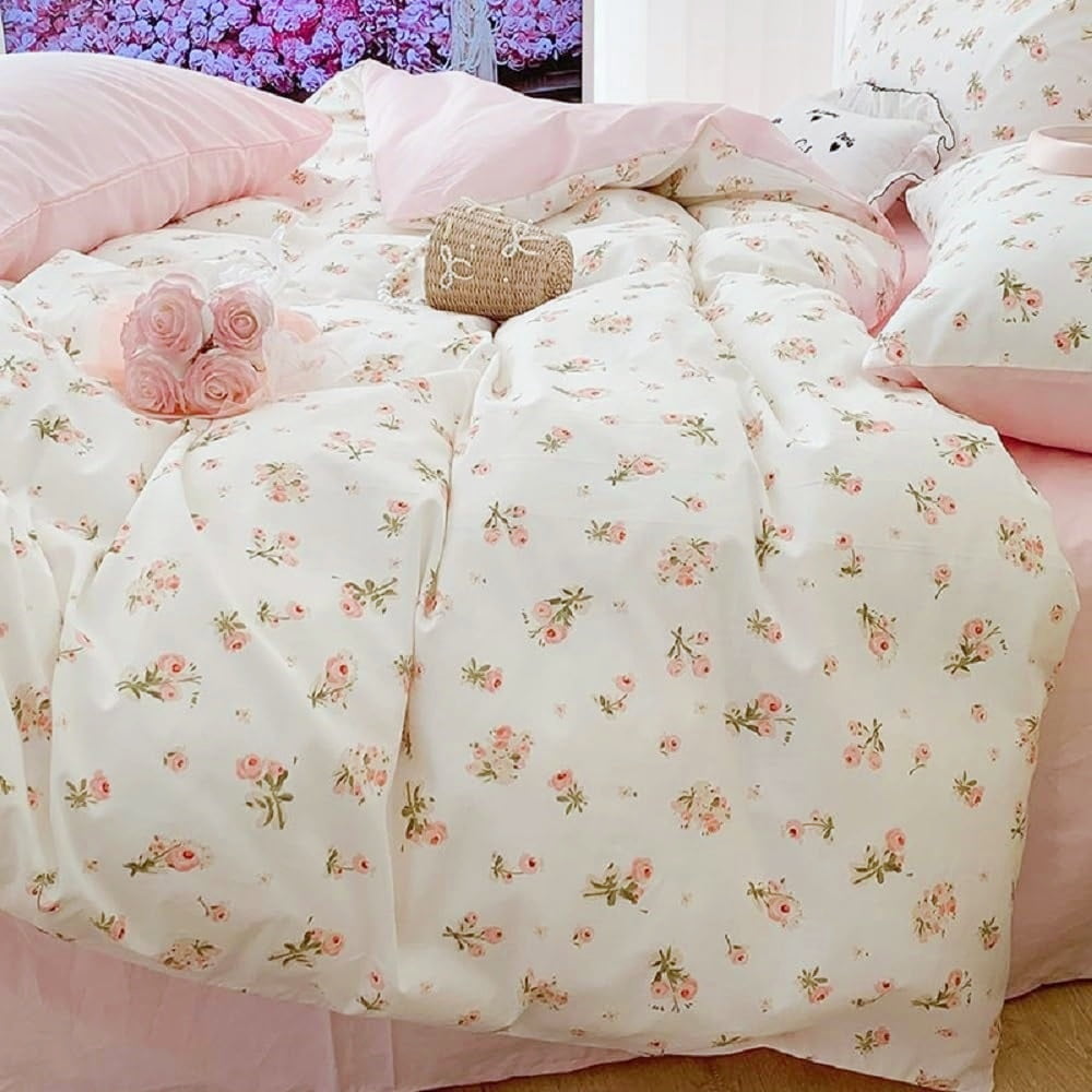 All-Season Pink loyalty Floral Comforter Queen Sets, 3 Pieces Chic Botanical Pink White Floral Reversible Comforter for All Season - Luxurious Quilted Duvet Cover Set - Default Title