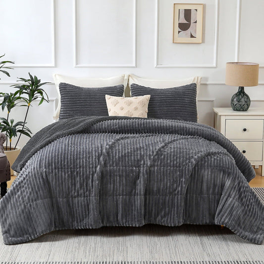 Fluffy Down Alternative 3 Piece Fleece Queen Comforter Set - Soft & Warm Fluffy Dark Gray Sherpa Bedding , Fuzzy Heavy Double Sided Design Wi... - Hypoallergenic Ultra-Fluffy Quilt for Winter - Default Title