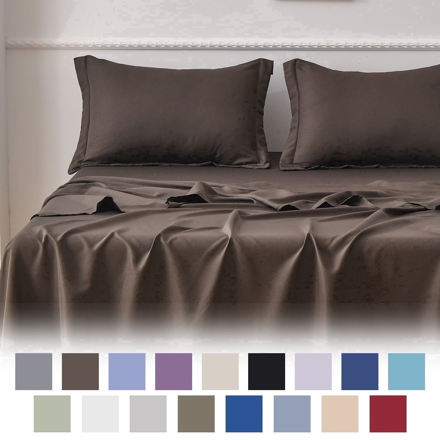 Cooling Sateen Bed Sheets Set 4 Piece Queen/Full Sheet Set Brown Gray Cotton Blend Fitted Sheet, Flat Sheet & 2 Pillowcases Bedding Set - Breathable Egyptian Cotton Flat & Fitted Sheets - Default Title