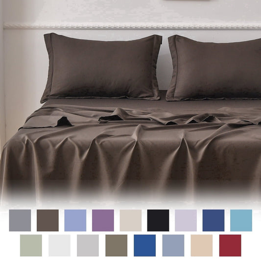 Cooling Sateen Bed Sheets Set 4 Piece Queen/Full Sheet Set Brown Gray Cotton Blend Fitted Sheet, Flat Sheet & 2 Pillowcases Bedding Set - Breathable Egyptian Cotton Flat & Fitted Sheets - Default Title