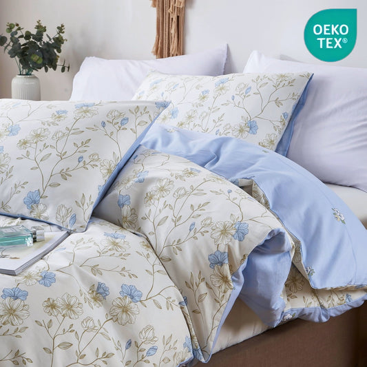 Heavyweight Warmth Cotton Comforter Sets Queen Size, 3 Pieces Botanical Blue Floral Reversible Bedding Sets for Adults All Season - Hypoallergenic Ultra-Fluffy Quilt for Winter - Default Title