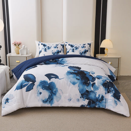 Fluffy Down Alternative 3 Pieces Blue and White Floral Comforter Set King Size, Flower Bedding with Watercolor Flowers Pattern for Women, Rev... - Cloud-Like Soft Lightweight Bed Comforter - Default Title