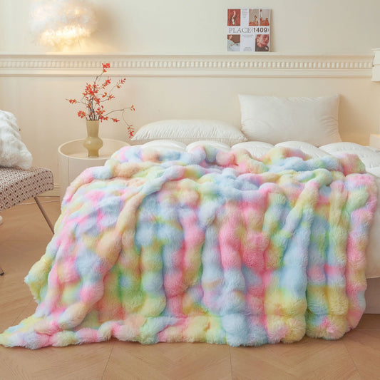 Super Soft Flannel Fluffy Faux Rabbit Fur Bubble Throw, Rainbow Plush Shaggy Blanket for Couch Sofa Chair, Soft Tie Dye Furry Blanket Ad... - Super Soft Reversible Sherpa Flannel Blanket - Default Title