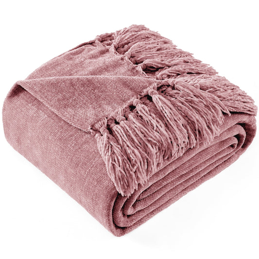 Cozy Fleece Chenille Throw Blanket with Fringe Tassel for Couch Sofa Chair Bed, Mauve 50" X 70" - Luxury Knitted Decorative Throw Blanket with Fringes - Default Title