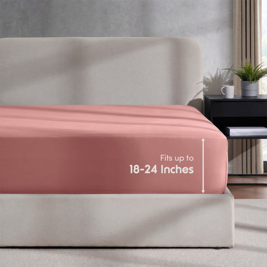 Premium Egyptian Cotton Extra Deep Pocket Twin XL Fitted Sheet Only, Fits 18" to 24" Mattress, Soft Microfiber Fitted Bed Sheet, Pink Clay - Luxury Bed Sheet Set with Deep Pockets - Default Title