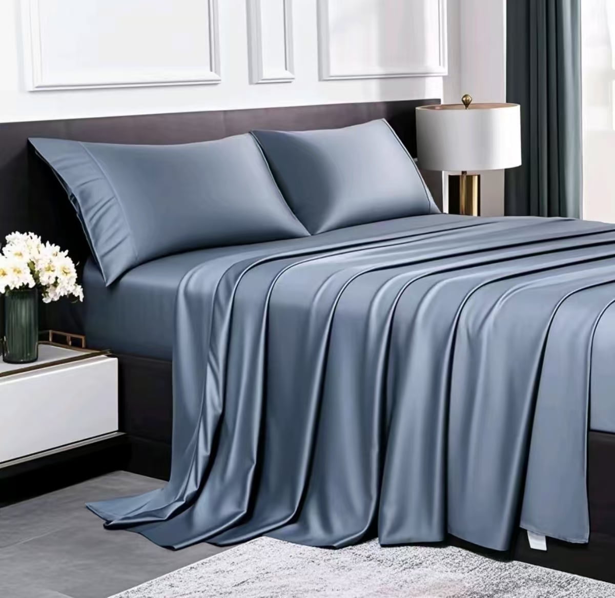 Breathable Luxury Luxury Bamboo Bed Sheets Set Full 4 Pcs for Adult,Soft&Cool,16" Deep Pocket,Blue Gray - Cooling Hotel Quality Bedding Sheets and Pillowcases - Default Title
