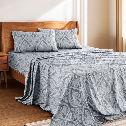 Wrinkle-Resistant Lux Decor 4 Piece Queen Sheet Set, Brushed Microfiber Paisley Printed Bed Sheet Set with up to 16" Deep Pocket Fitted... - Premium Ultra-Soft Pillowcase Pair for Sleeping - Default Title