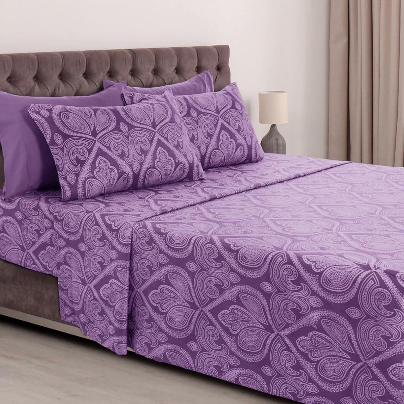 Premium Egyptian Cotton Paisley Printed Queen Bed Sheets Set, Microfiber 6 Piece Bedding Set - Purple - Premium Ultra-Soft Pillowcase Pair for Sleeping - Default Title